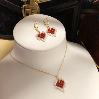 Handcrafted Red Agate & Pearl Earrings and Necklace Set