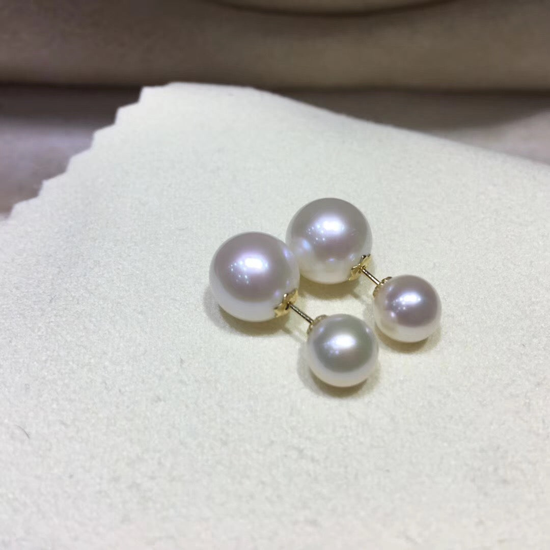 “Duet of Pearls” Double‑Sided Studs | 7 & 4mm Pearls | 18K Gold
