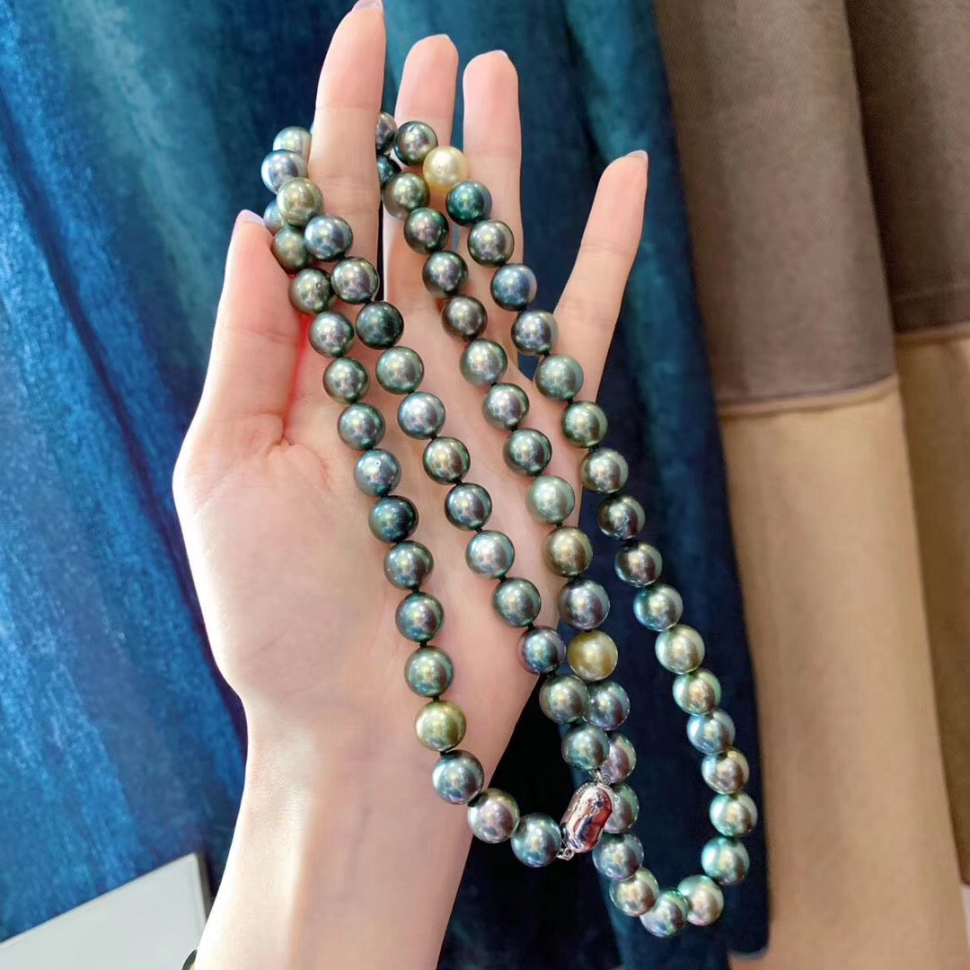 AAAAA 10–12mm Multicolor Tahitian Pearl Necklace – 18K Gold Clasp, Luxury Strand